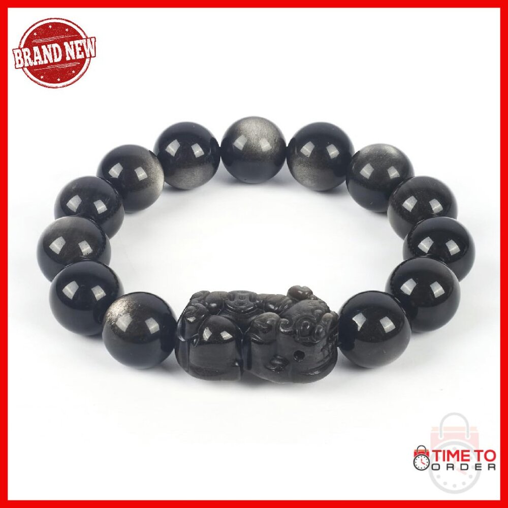 10mm Obsidian Stretch Bracelet With Pixiu Sculpture Adjustable Stone Bead